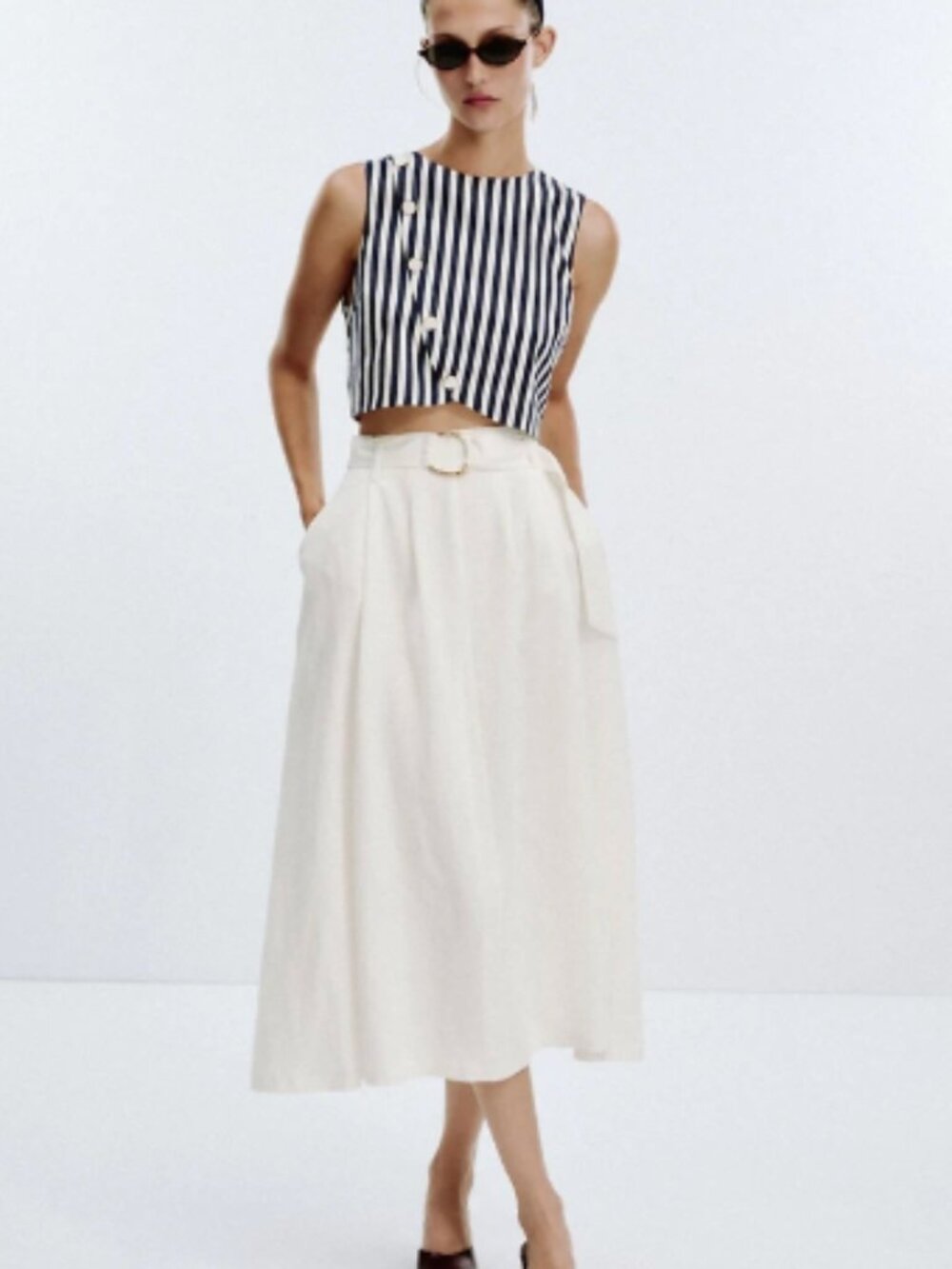 Zara LINEN BELTED COMBINATION MAXI DRESS Size L